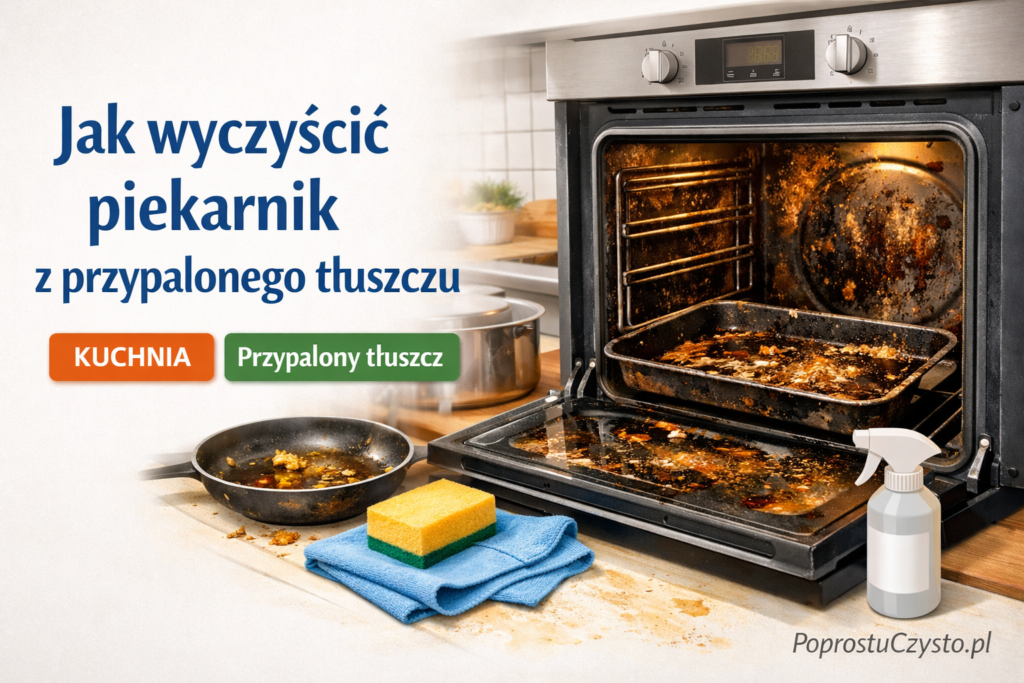Zbliżenie na wnętrze piekarnika z przypalonym tłuszczem i luźnymi resztkami po pieczeniu