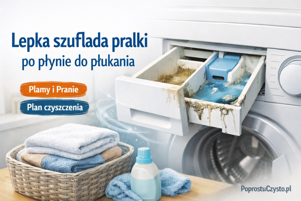 Czyszczenie lepkości w szufladzie pralki po płynie do płukania: wyjęta szuflada i miękka szczoteczka