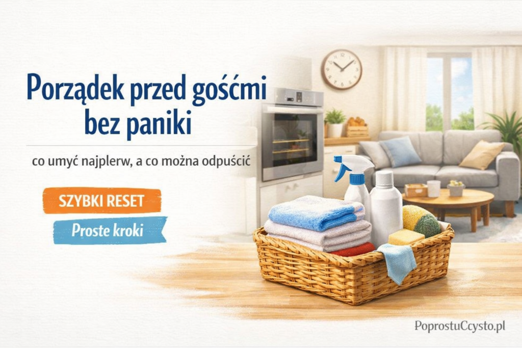 Szybki reset stołu przed gośćmi: odłożone kubki i talerze, czysty blat i widoczne miejsce do siedzenia