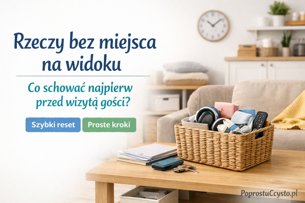 Koszyk z drobiazgami z salonu zebrany na czas przed wizytą gości zamiast na kanapie