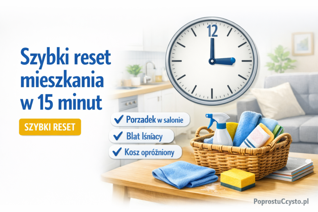Stół i blat po szybkim zebraniu rzeczy do koszyka oraz przetarciu w kuchni