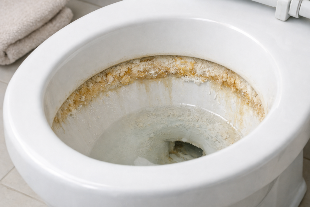 Rękawiczki i szczotka do WC na jasnej łazience podczas czyszczenia osadu z kamienia