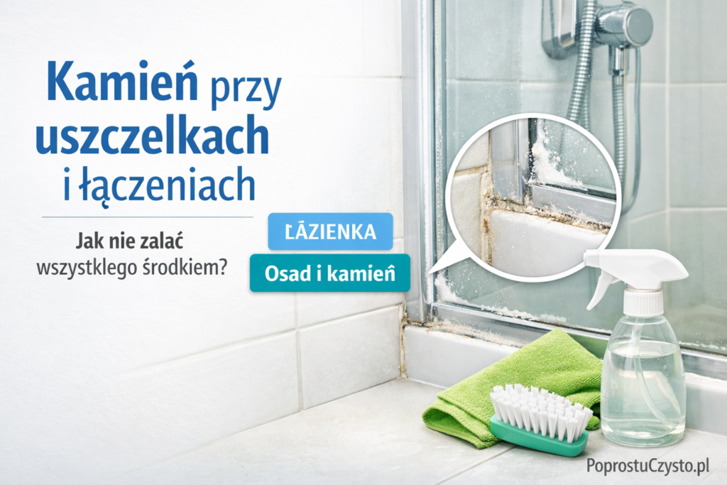 Czyszczenie kamienia w narożniku kabiny prysznicowej przy uszczelkach i łączeniach punktowo ściereczką