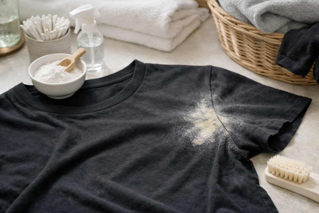 Czarne ubranie z widocznym śladem pod pachą po antyperspirancie, przygotowane do delikatnego czyszczenia punktowego